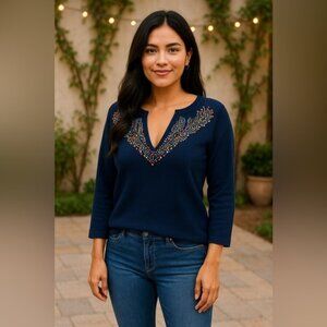Anthropologie Moth Women’s Jeweled Beaded V-Neck Navy Sweater Size Small